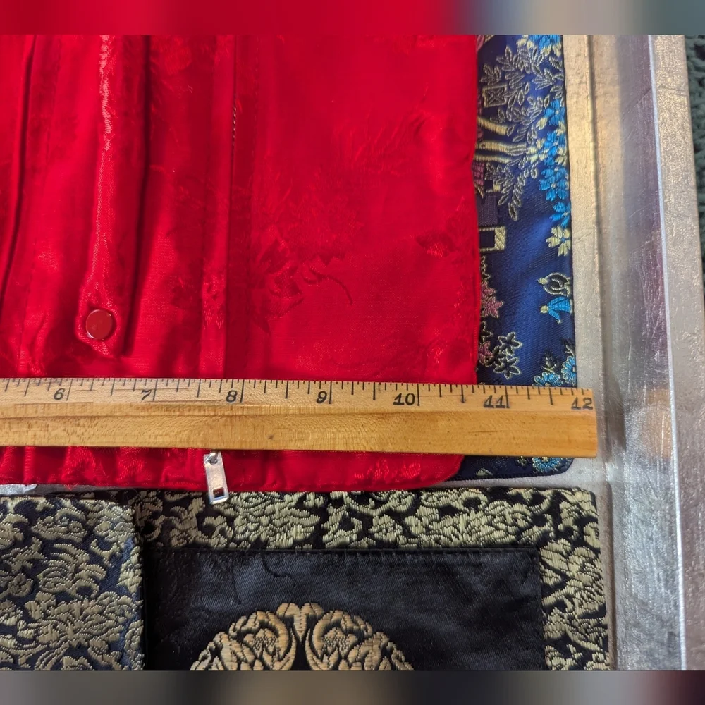 Asian 3 Silky Jewelry Travel Pouches Set Tie String Embroidery